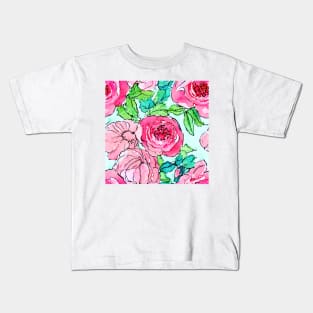 Watercolor roses and peonies on turquoise Kids T-Shirt